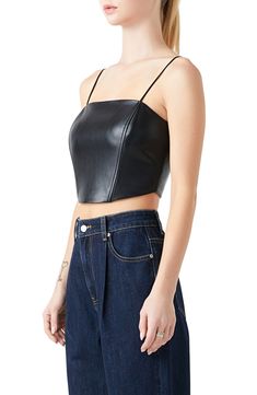 Make a sizzling statement on your next night out in this fitted crop top crafted from sleek faux leather. Back zip closure Square neck Spaghetti straps Lined 100% polyester with polyurethane coating Hand wash, line dry Imported Chic Leather Crop Top, Fitted Leather Crop Top, Fitted Leather Crop Top For Night Out, Fitted Cropped Faux Leather Crop Top, Fitted Crop Top With Zipper Closure For Party, Fitted Crop Top With Zipper For Party, Fitted Party Crop Top With Zipper Closure, Sleek Crop Top For Night Out In Spring, Sleek Spring Crop Top For Night Out