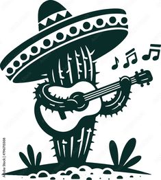 a black and white image of a guitar with an sombrero on it