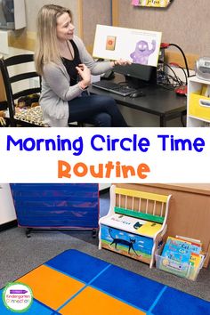 a woman sitting at a desk with a laptop computer in front of her and the words morning circle time routine