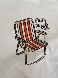 a white t - shirt with a red and black striped chair on it