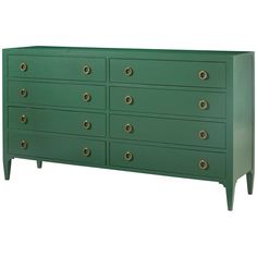 a green dresser with brass knobs on the top and bottom drawers, against a white background