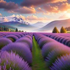 a lavender field with mountains in the background