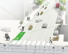 a street with cars and people walking on the side walk next to it is depicted in this graphic