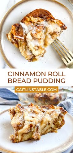 cinnamon roll bread pudding on a white plate with a fork in the foreground and an image of a slice