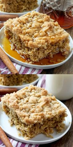 two plates with oatmeal desserts on them and cinnamon sticks in the background