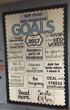 a bulletin board with words and pictures on it that read new year's goals