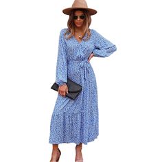 Blue Floral Print Tie Waist Split Maxi Dress