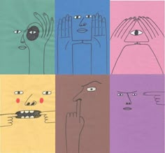 four different colored squares with faces and hands drawn on them, all in different colors