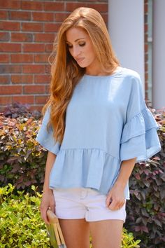 Ruffled Chambray Top :: NEW ARRIVALS :: The Blue Door Boutique Chic Light Wash Relaxed Fit Denim Top, Chic Relaxed Fit Light Wash Denim Top, Summer Solid Denim Tops, Solid Denim Summer Top, Denim Tops For Layering, Relaxed Fit Denim Top For Day Out, Denim Blue Tops For Layering, Chic Spring Denim Top For Everyday Wear, Chic Everyday Denim Top For Spring