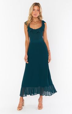 Alexis Midi Dress ~ Emerald Chiffon Emerald Green Midi Dress Casual, Emerald Formal Midi Dress, Emerald Dress Formal Midi, Womens Formal Dresses Midi, Aline Dress Formal Midi, Outfits For Wedding, Forest Green Bridesmaid Dresses, Green Outfits For Women, Classy Wedding Guest Dresses