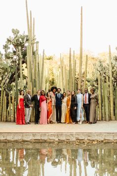 a group of people standing next to each other in front of some tall cactus trees