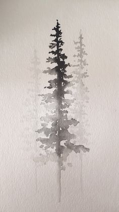 a watercolor painting of some trees in the foggy woods, with black and white ink on paper