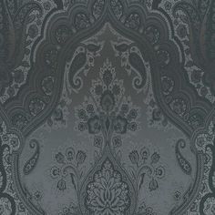 an ornate wallpaper design in black and grey colors with paisley designs on the side