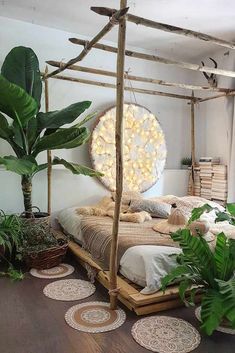 a canopy bed with plants and potted plants on the floor in front of it