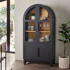 a wooden cabinet with glass doors in a living room next to a potted plant