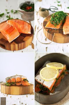 there are four pictures of different foods on the same plate, one is salmon and the other has lemons