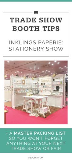 the trade show booth with pink carpet and white tables in front of it, text that reads