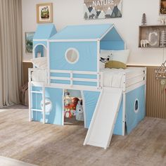 a child's bedroom with a blue bunk bed and slide in the middle, on carpeted flooring