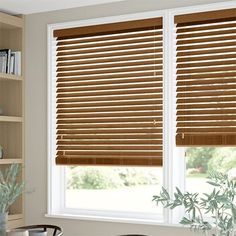 a living room with two windows covered in blinds