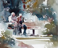 watercolor painting of two men sitting on a bench