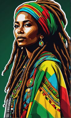 a painting of a woman with dreadlocks on her head and wearing a colorful scarf