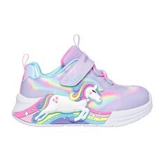 Sparkle and shine in style wearing Skechers S-Lights Unicorn Chaser. This sporty Magical Collection lighted design features a synthetic glitter finish upper with unicorn and rainbow side graphic, stretch laces, adjustable instep strap, and a cushioned comfort footbed. Bonus gift with purchase. | Skechers Girl's S-Lights: Unicorn Chaser Sneaker | Medium Width | From Skechers' thematic Magical Collection | Toddler sizes do not feature on/off light button | Skechers easy on, easy off Adaptive Closu Candy Room, Purple Clothes, Unicorn Shoes, Rainbow Unicorn Party, Unicorn And Rainbow, Light Up Sneakers, Sporty Shoes, Unicorn Magic, Alphabet Tracing Worksheets