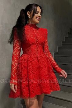 Red Long Skeeves SHort Homecoming Dress High Neck Floral Lace Knee Length Party Dress | Babyonlinewholesale Long Sleeve Dresses For Winter Banquet, Winter Banquet Dresses With Long Sleeves, Fitted Long Sleeve Mini Dress For Wedding, Long Sleeve Mini Dress For Winter Wedding, Winter Banquet Knee-length Dress, Fall Wedding A-line Evening Dress, Knee-length Wedding Dresses For Party Season, Fitted Long Sleeve Lace Dress For Banquet, Fitted Mini Lace Wedding Dress