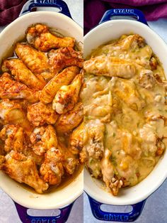 two bowls filled with chicken wings and gravy