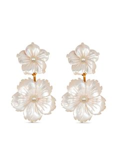 white mother-of-pearl 18kt gold plated floral motif drop design post-back fastening for pierced ears These earrings come as a pair. Luxury Hair Accessories, Justin Alexander, Jennifer Behr, Shell Pattern, Wedding Styling, Floral Bridal, Mother Pearl, Swarovski Pearls, Purple Flower