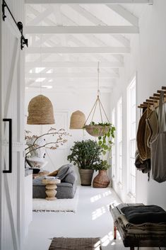 a white hallway with hanging plants and potted plants on the wall next to a bench