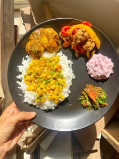 a person holding a plate with rice, meat and veggies on it next to other foods