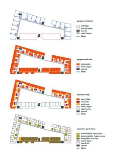 the floor plan for an apartment building with multiple levels and different colors, including red, orange