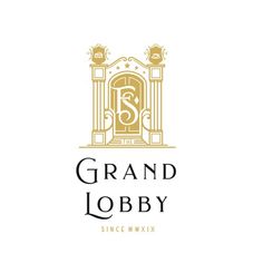 the grand lobby logo is shown in gold and black, with an ornate doorway at the center