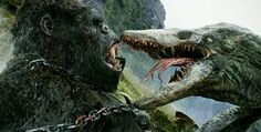 two dinosaurs with their mouths open in front of a mountain