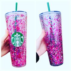 the starbucks cup has pink and purple glitter on it