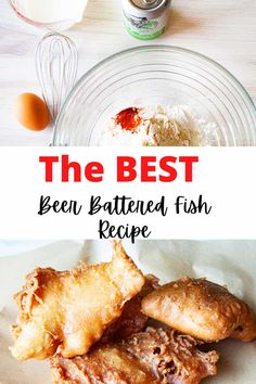 the best beer battered fish recipe is in this postcard style photo with text overlay that reads, the best beer battered fish recipe