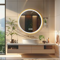 a bathroom with a large round mirror above the sink and plants in vases on the counter