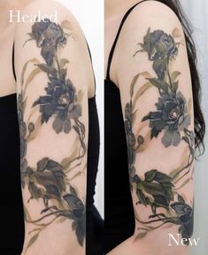 a woman's arm with flowers and leaves tattooed on her arms, before and after tattooing