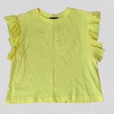 Zara Yellow Ruffle Sleeve Cropped Slightly Oversized Shirt Tiny Hole Near Armpit. See Photos For Measurements And Fabric Content. Trendy Tops With Ruffle Sleeve And Relaxed Fit, Trendy Tops With Relaxed Fit And Ruffle Sleeves, Trendy Relaxed Fit Top With Ruffle Sleeves, Casual Solid Color Top With Ruffle Sleeves, Casual Solid Color Tops With Ruffle Sleeves, Oversized Zara Tops For Spring, Zara Oversized Tops For Spring, Trendy Zara Shirt, Casual Ruffle Sleeve Summer Shirt