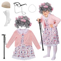 PRICES MAY VARY. Complete Grandma Ensemble: Our set includes a granny wig, floral dress, 6 hair rollers, cozy old lady cardigan sweater, flesh-toned wig cap, granny glasses, glasses chain, faux pearl necklace, adjustable granny cane, and knee-high socks. Everything you need for the perfect granny transformation! Quality and Comfort: We take pride in offering a high-quality outfit for old lady costume for kids. The cardigan is made of high-quality knitted cotton and the dress is made of polyester 100th Day Of School Dress Up, 100 Days Of School Dress Up, Old Lady Costume For Kids, Grandma Halloween Costume, Granny Wig, Halloween Costume Girl, Grandma Costume, Granny Glasses, Granny Dress