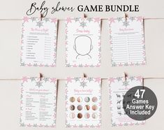 the baby shower game bundle is shown with pink and gray flowers on it, along with four