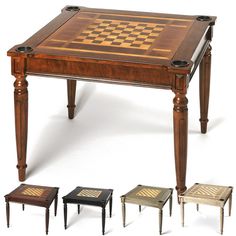 an antique chess table with four stools and one side is turned down to show the game board