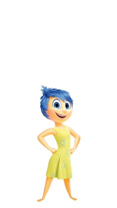 a cartoon character with blue hair standing in front of a white background and wearing a yellow dress