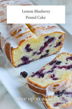 lemon blueberry pound cake on a white plate