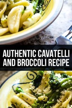 two plates with pasta, broccoli and cheese on them next to the words authentic cavatelli and broccoli recipe