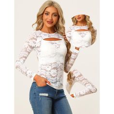 The allover sheer lace fabric of this long-sleeve top creates an alluring look, and it's sweetened up with crochet and floral lace detailing throughout. A feminine sheer lace paneled top with a cutout front is perfect for day-to-night looks. Add a blush of romantic charm to your everyday style with this long-sleeve mesh top with floral lace. This shirt is easy to pair with sleeveless dresses for warmth and cover-up, and it also can double as a layering piece during the cooler season. This stylis White Sheer Long Sleeve Mesh Top, Feminine Long Sleeve Top With Crochet Lace, Stretch Lace Patchwork Tops, Spring Hollow Out Long Sleeve Blouse, Spring Long Sleeve Hollow Out Blouse, Long Sleeve Lace Mesh Top With Lace Trim, Sheer Long Sleeve Lace Mesh Top, Sheer Lace Long Sleeve Mesh Top, White Lace Top With Lace Sleeves For Fall