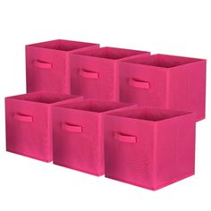 six pink storage bins with handles