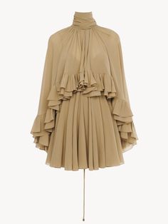 Chloé Mini Cape Dress In Silk Georgette | Chloé US Pre-draped Georgette Dress With Ruffles, Georgette Dress With Ruffles And Cape Sleeves, Evening Georgette Cape Dress, Evening Georgette Dress With Cape, Georgette Cape Evening Dress, Evening Cape Dresses In Georgette, Luxury Chiffon Cocktail Dress, Chic Draped Silk Crepe Dress, Flowy Chiffon Dress With Cape Sleeves