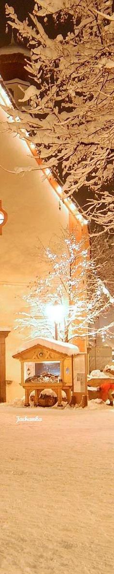 the snow covered ground has benches and lights on it