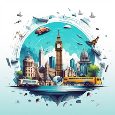 an image of a city with cars, buses and planes in the sky above it